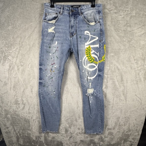 AKOO Men's32 Jeans Blue Graphic Denim Cotton Skulk Fit Distressed Skinny Leg